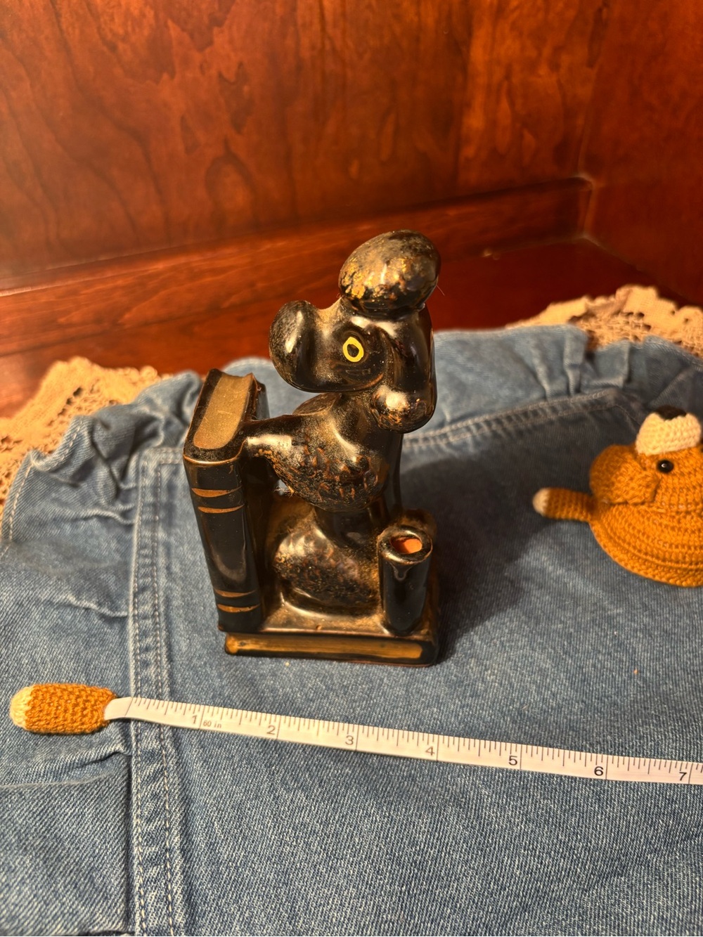 Vintage Black Ceramic Poodle Bookend Candle Holder